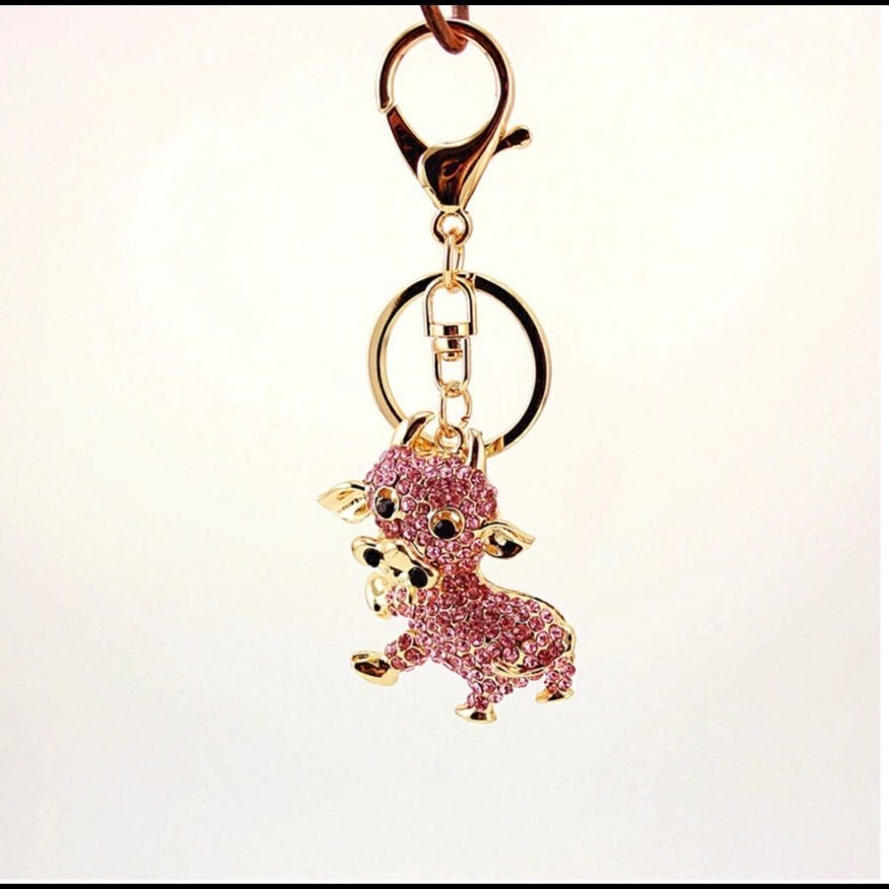 Cartoon Style Pink Crystal Cow Keychain Charm